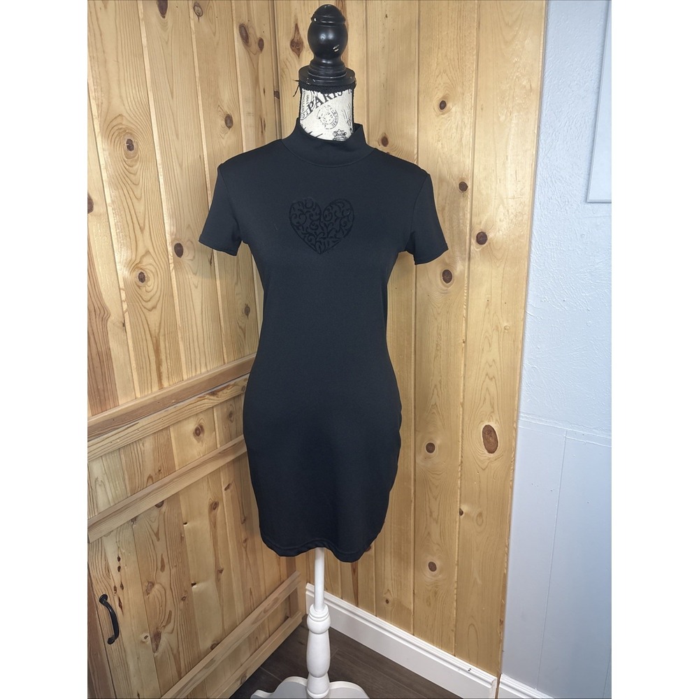 XOXO Vintage Y2K Black Mock Neck Mini Dress Small Velvet Heart Whimsigoth
